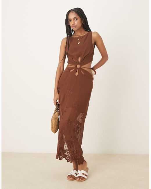 ASOS Natural Floral Embroidered Cut Out Maxi Dress