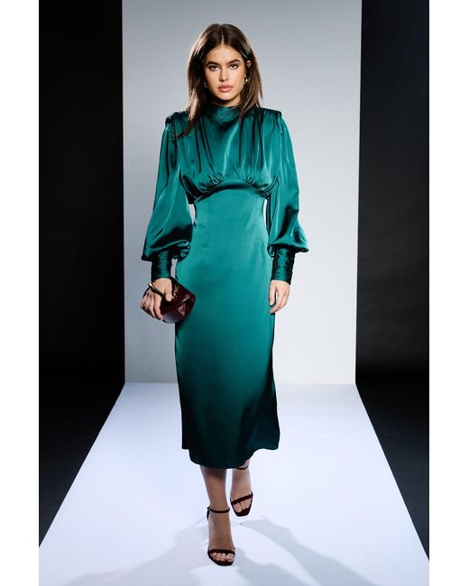 Runway Green 1.8.1.8 High Neck Long Sleeve Satin Midi Dress