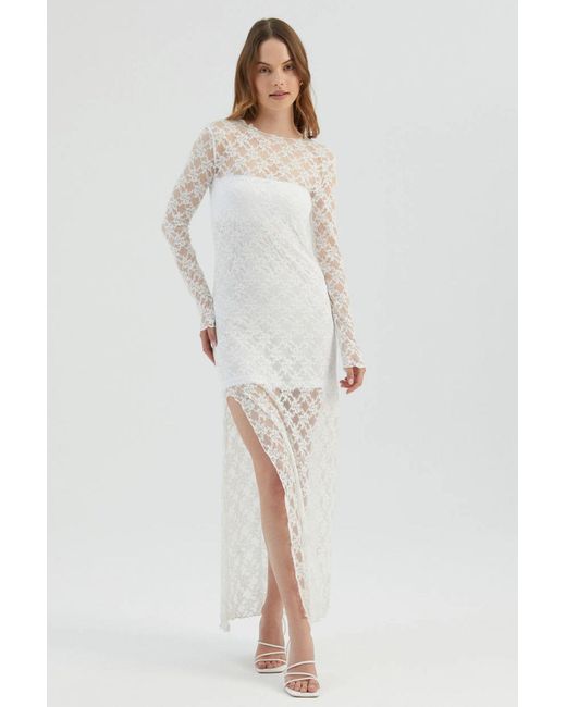 Hiccup White Lace High Neck Mesh Maxi Dress With A Side Slit