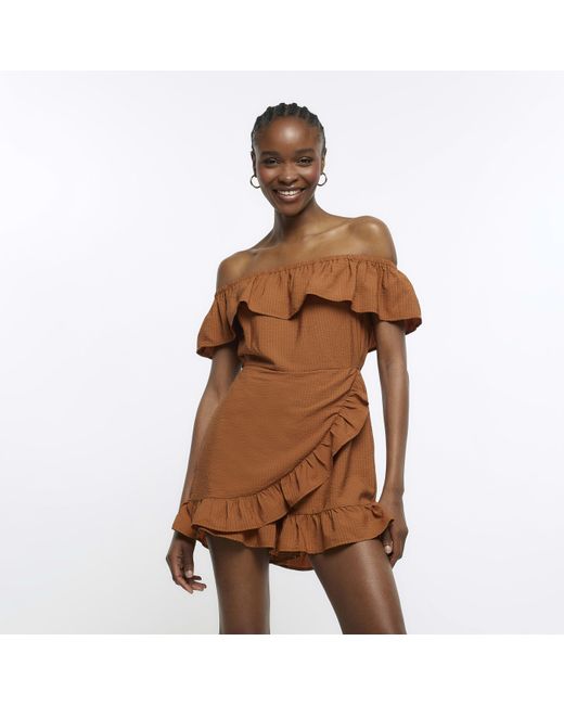 River Island Brown Playsuit Bardot Frill