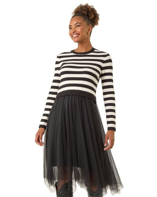 Roman White Stripe Print Mesh Midi Dress
