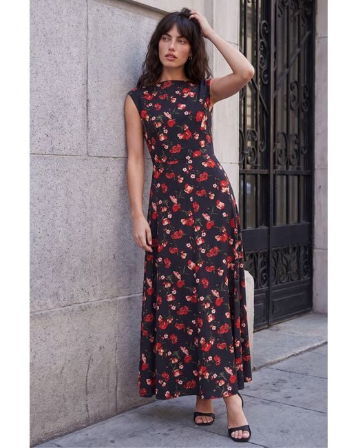 Roman Black High Neck Floral Poppy Print Dress