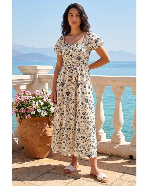 D.u.s.k Blue Floral Puff Sleeve Midi Dress