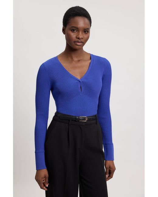Karen Millen Blue Knit Pointelle Stitch Detail Top