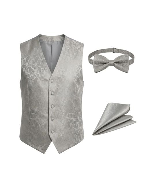 TruClothing Gray Paisley Floral 3 Piece Waistcoat Bow Tie Hankie Set for men