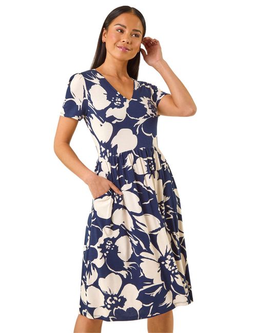 Roman Blue Petite Floral V-Neck Stretch Dress