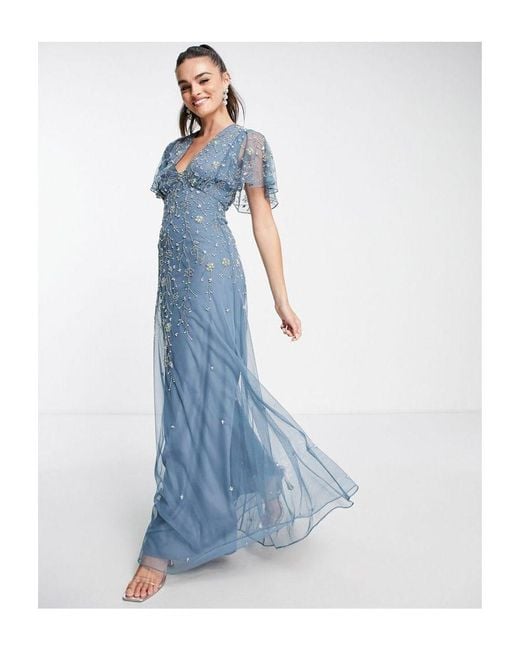 ASOS Blue Flutter Sleeve Maxi Dress With Trailing Floral Embellishment