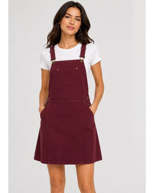 Gini London Red Square Neck Suede Dungaree Pinafore Dress