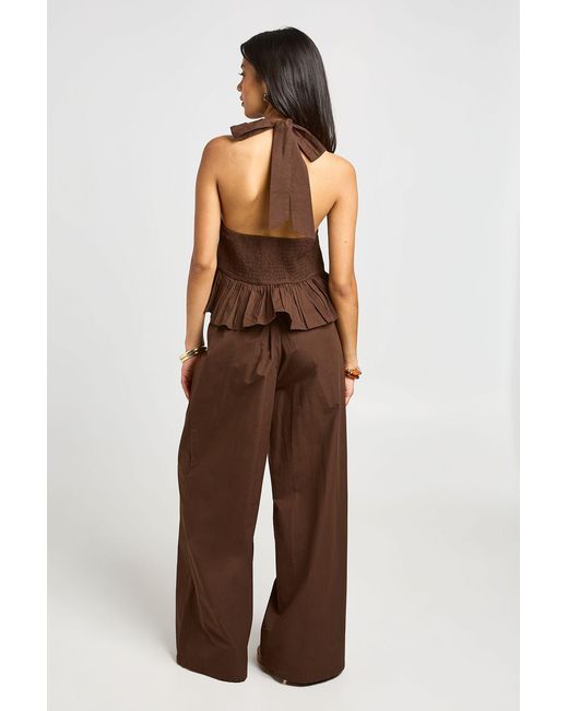 Boohoo Brown Prairy Peplum Top And Trouser Co-Ord