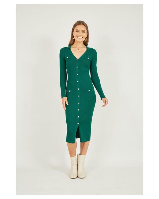 Mela London Green Knitted Fitted Midi Dress With Buttons Viscose