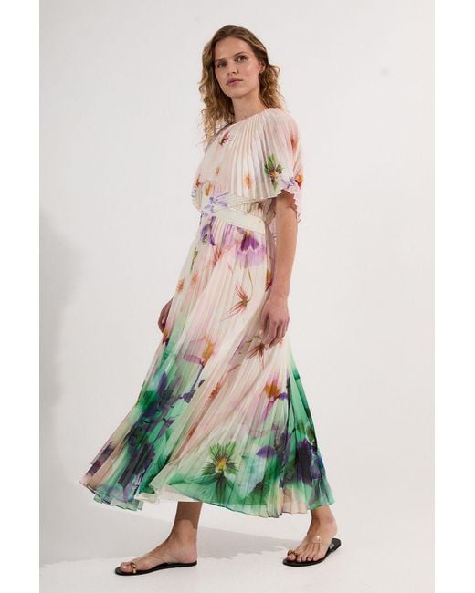 Karen Millen Green Pleated Floral Cape Sleeve Low Back Woven Maxi Dress