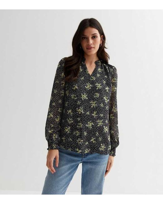 Gini London Black Dobby Floral Shirred Neck Long Sleeves Blouse