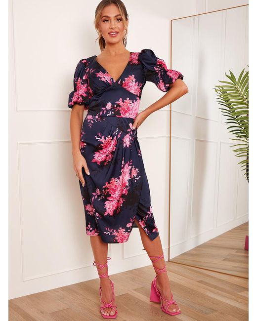 Chi Chi London Blue Floral Printed Midi Skirt