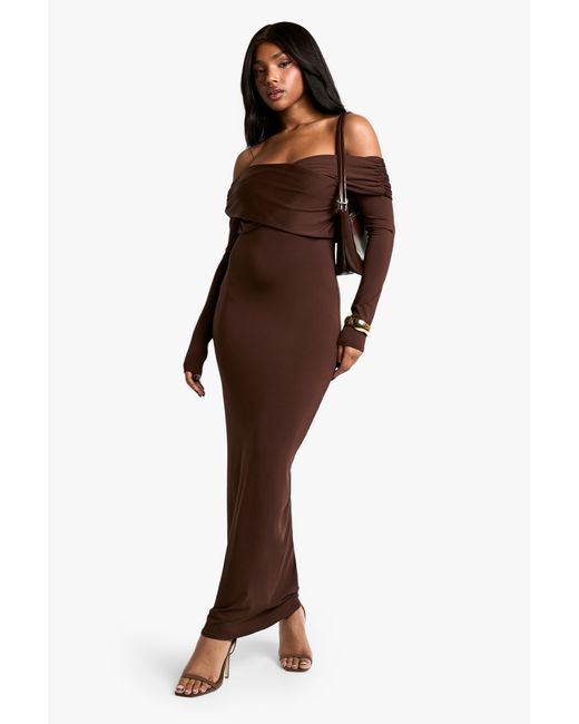 Boohoo Brown Soft Touch Twist Bardot Maxi Dress