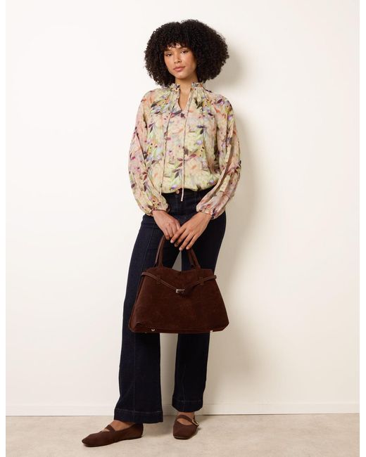 Blue Vanilla Natural Watercolour Floral Printed Tie Front Blouse