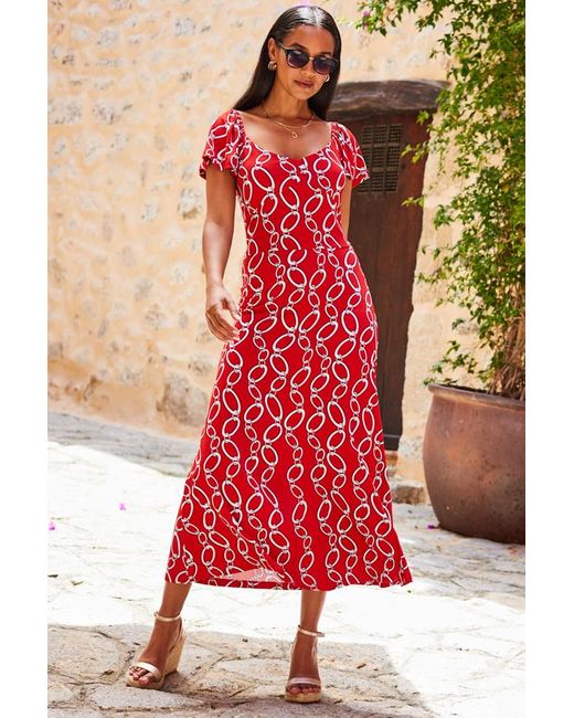 Sosandar Red Chain Print Angel Sleeve Fit & Flare Midi Dress