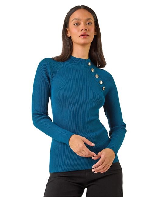 D.u.s.k Blue High Neck Button Shoulder Jumper