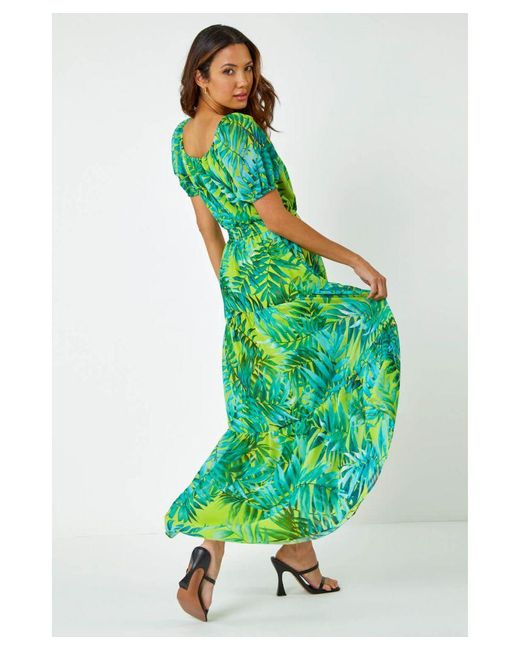 Roman Green Palm Print Tiered Maxi Dress