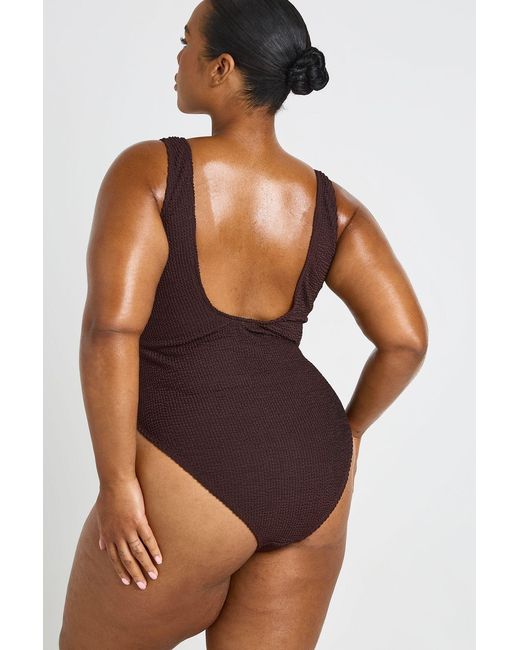 Boohoo Brown Plus Crinkle Scoop Neck Trim Detail Swimsuit
