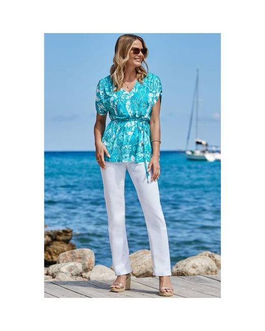 Sosandar Blue Aqua Paisley Print Tie Waist Tunic Top