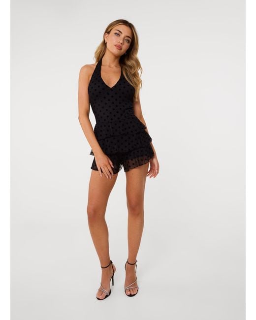 Pink Vanilla Black Polka Dot Flock Halter Neck Dress With Shorts