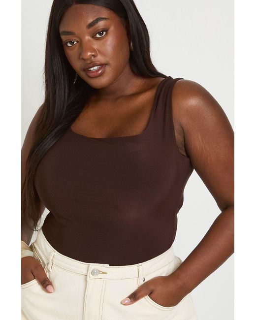 Boohoo Brown Plus Double Layer Slinky Square Neck Bodysuit