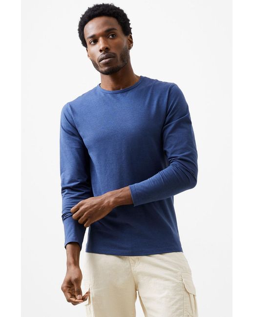 French Connection Blue Cotton Blend Crew Neck Long Sleeve Stretch T-Shirt for men