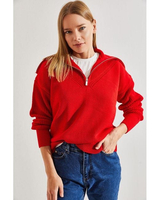 Bianco Lucci Red Zipper Collar Knit Sweater