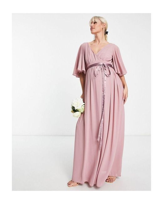 TFNC London Pink Materity Bridesmaid Kimono Sleeve Pleated Maxi Dress With Angel