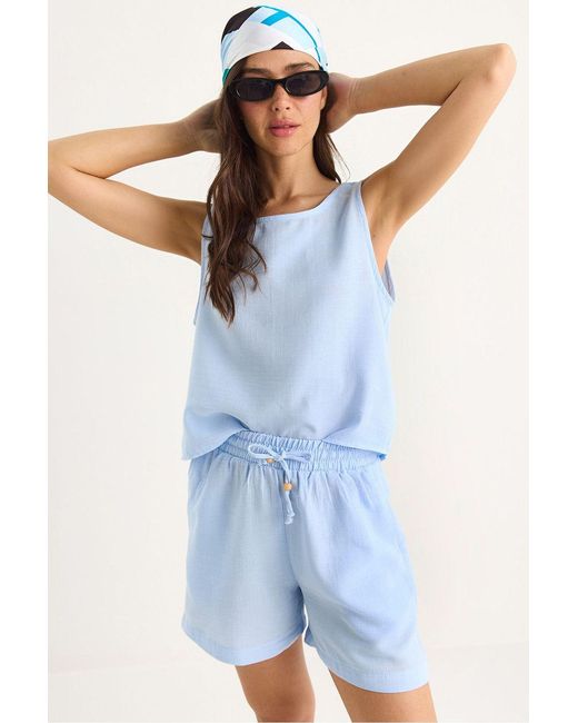 Bianco Lucci Blue Textured Cotton Two-Piece Coord Set With Crew Neck
