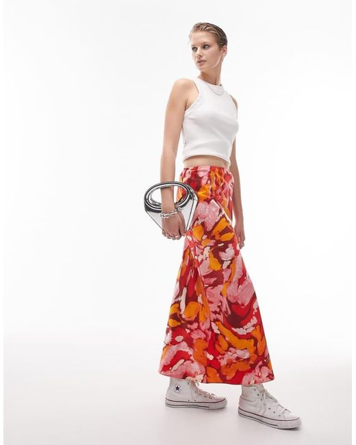 TOPSHOP Red Floral Print Bias Maxi Skirt