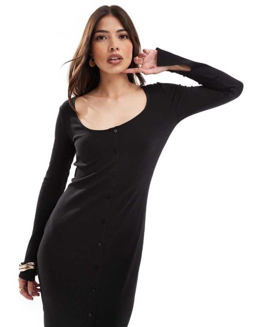 Pieces Black Ribbed Button Through Midi Dress With Side Split Sleeves