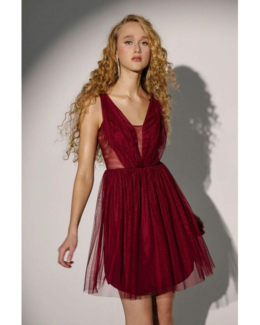 Hiccup Red V-Neck Paneled Mini Skater Tulle Dress
