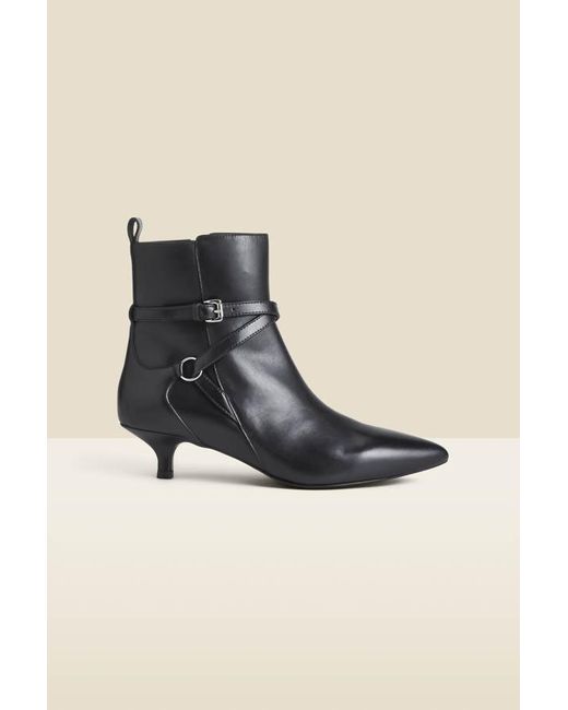 Sosandar Black Leather Kitten Heel Ankle Boots With Buckle Detail