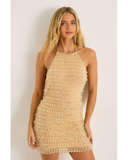 Nasty Gal Natural Droplet Hand Beaded High Neck Strappy Mini Dress