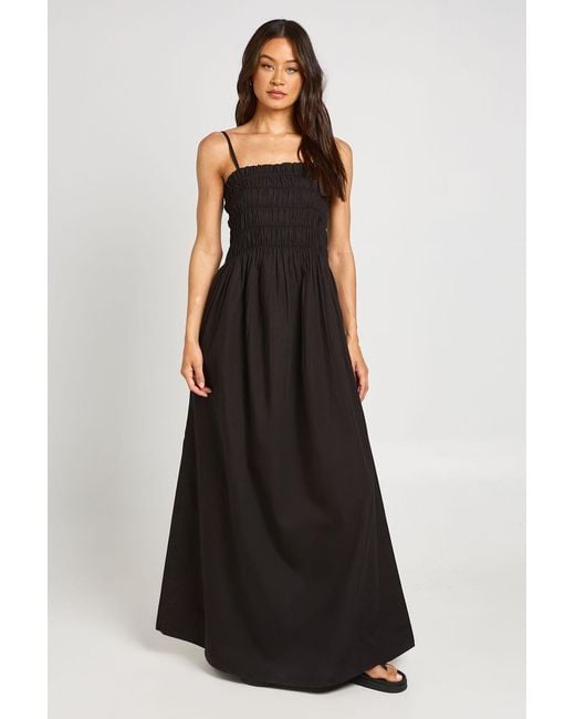 Boohoo Black Tall Cotton Poplin Shirred Bodice Maxi Dress