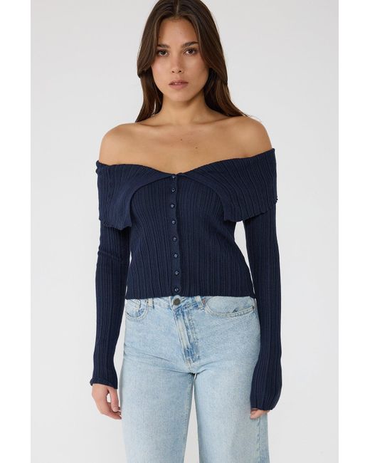 No Matter What Open Schouder Knop Detail Gebreide Top in het Blue