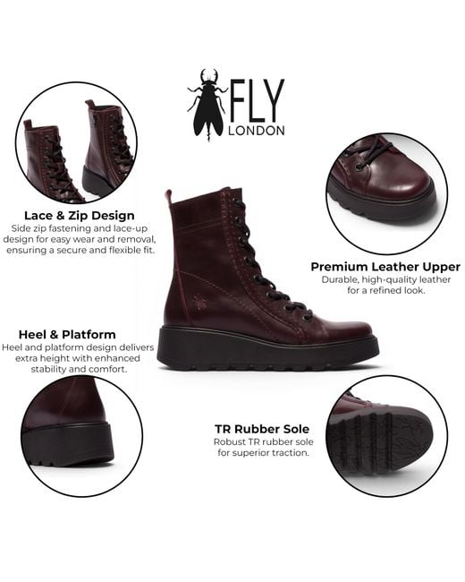 Fly London Brown Leather Lace-Up Wedge Heel Combat Boots