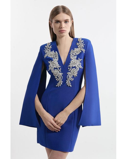 Karen Millen Blue Bandage Form Fitting Cape Sleeve Embellished Mini Dress