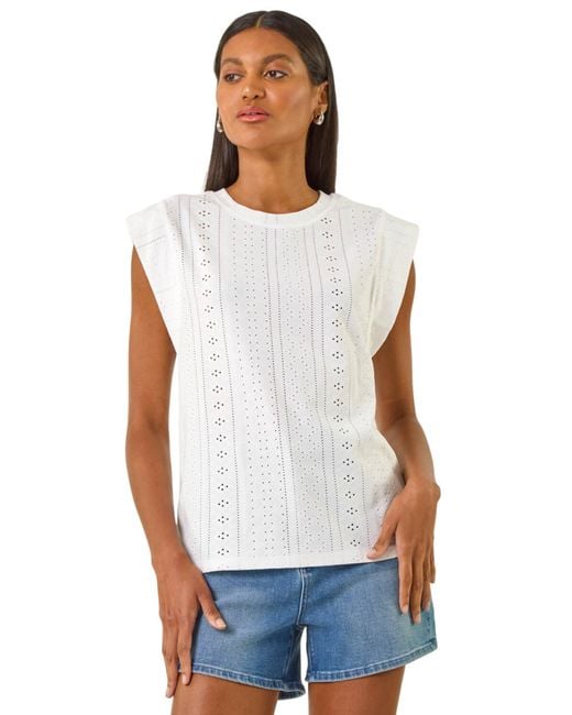 Roman White Broderie Cap Sleeve Stretch Top