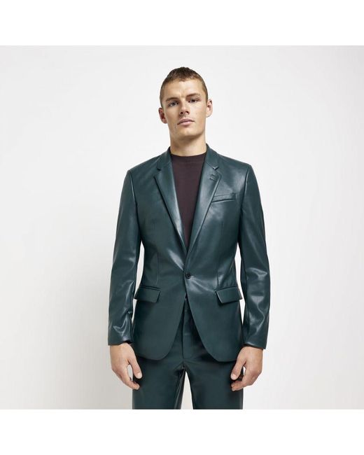 River Island Blue Suit Jacket Green Slim Fit Faux Leather Cotton for men