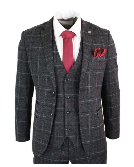 Paul Andrew Blue 3 Piece Tweed Check Vintage Retro Suit for men
