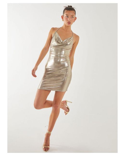 Pink Vanilla Natural Metallic Cowl Strappy Dress