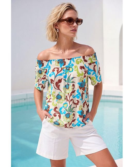 Roman Blue Floral Print Bardot Top