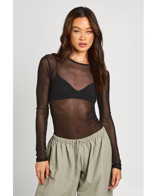 Boohoo Brown Tall Basic Mesh Long Sleeve Bodysuit