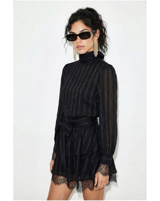 Bianco Lucci Black Textured Mini Dress With Half Turtleneck And Lace Detail