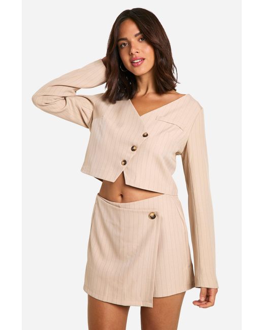 Boohoo Natural Pinstripe Wrap Front Tailored Skort