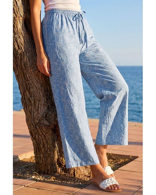 Roman Blue Floral Print Wide Leg Trousers