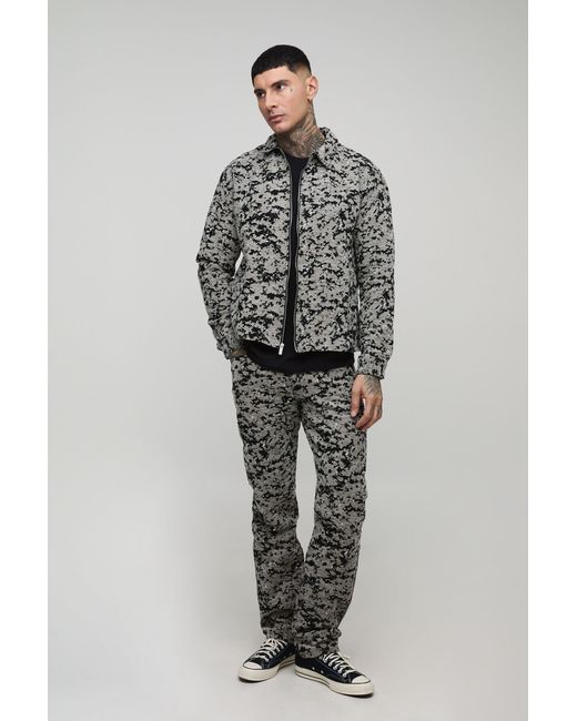 BoohooMAN Gray Tall Velvet Tapestry Long Sleeve Zip Up Overshirt for men