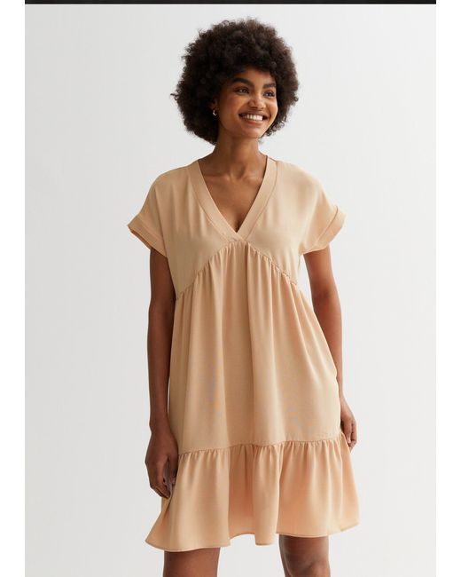 Gini London Natural V Neck Tiered Mini Smock Dress